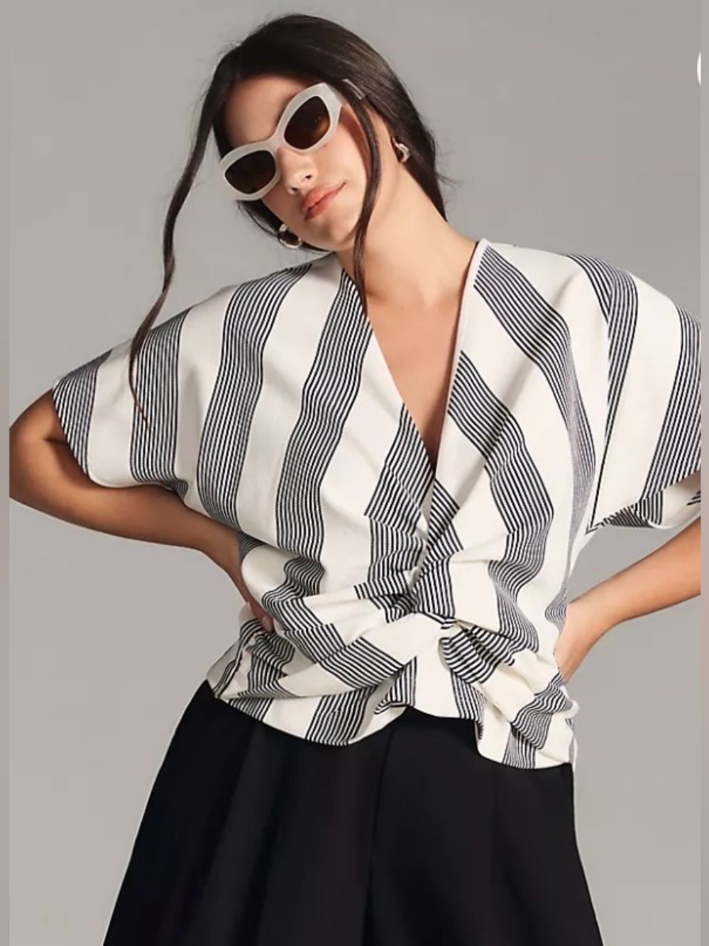 RAIN NWT Striped Twist Front Blouse White Black Textured V-Neck Medium
